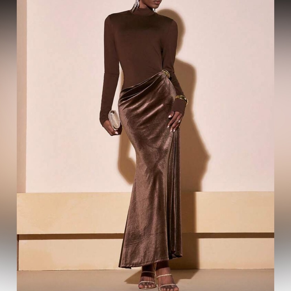 Brown velvet contrast drop waist midi fitted dress asymmetrical bodycon dress - Picture 6 of 6